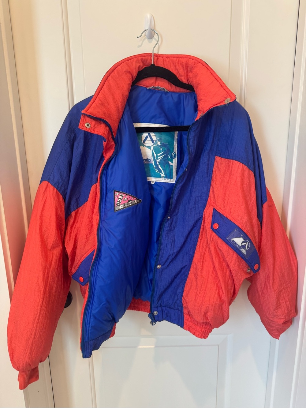 Vintage 80s Anoralp France Ski Jacket Men S Blue Coral Colorblock Retro Nylon